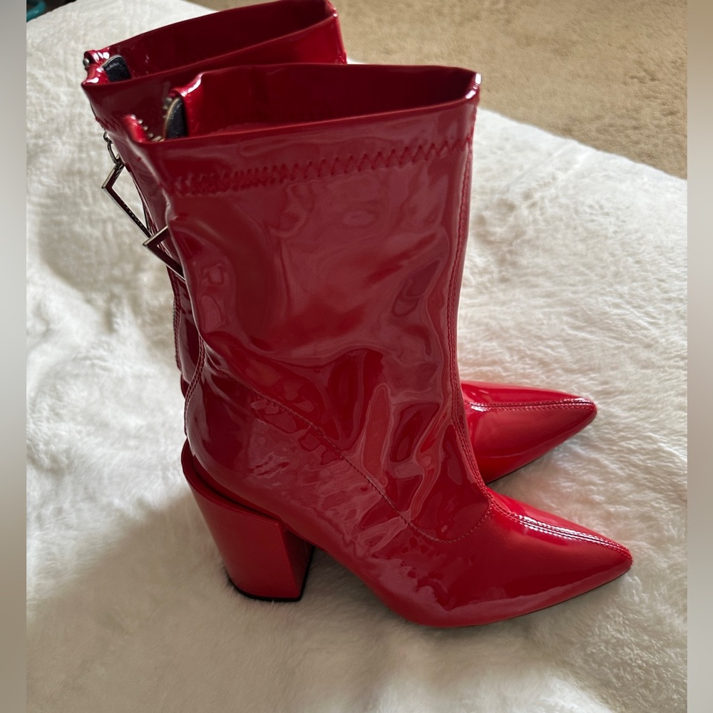 Ego Shiny Red Pointed Toe Block Heel Boots - image 1